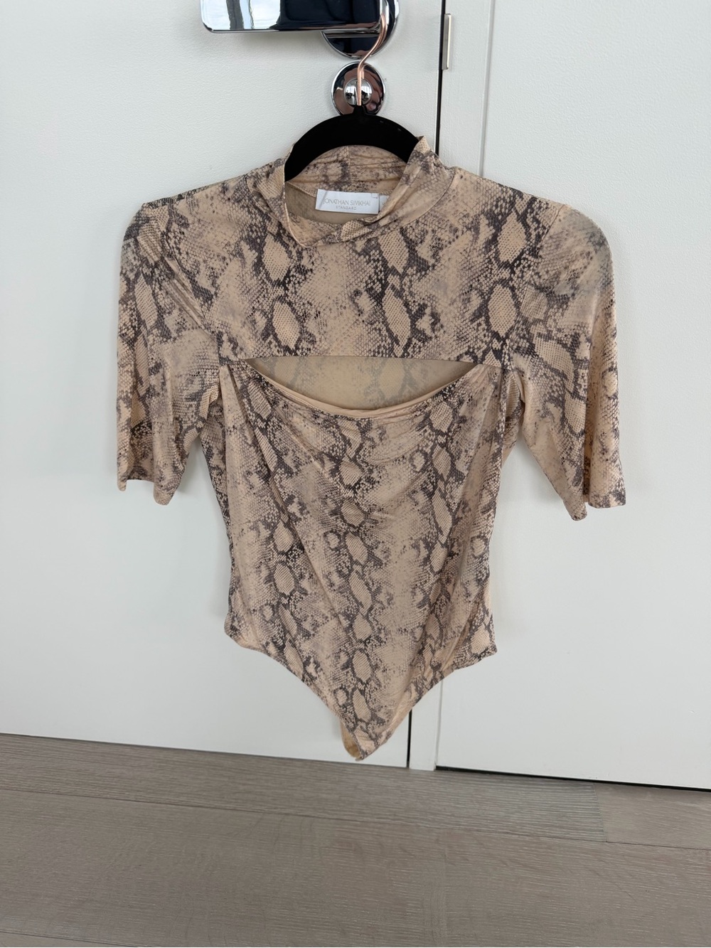 Jonathan Simkhai Beige Snake-Print Cutout Mock Neck Bodysuit